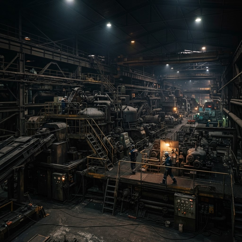 Industrial factory interior with large machinery and processing equipment