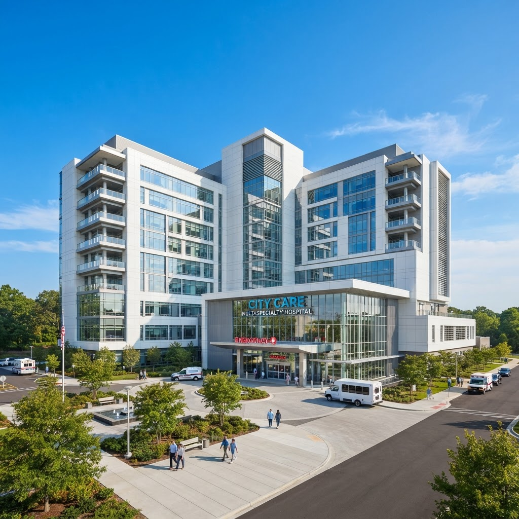 Modern hospital building exterior with clean white facade and blue sky