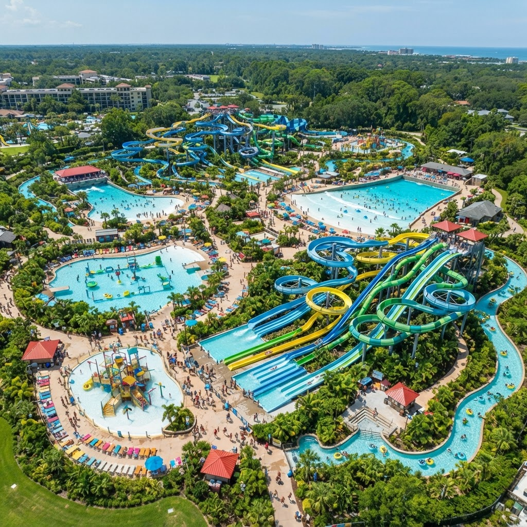 Aerial view of a water park with large pools and slides in bright sunshine