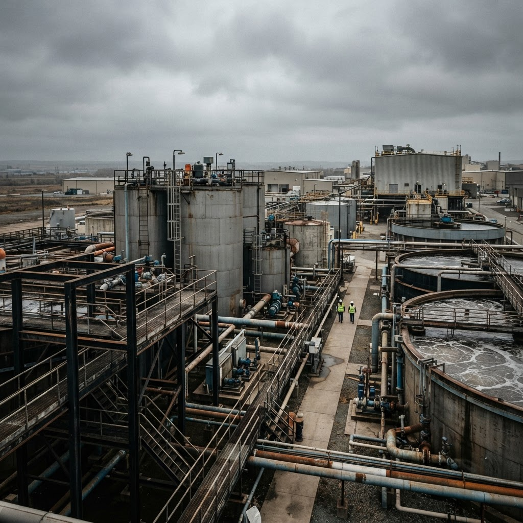Industrial water treatment plant with large tanks and pipework