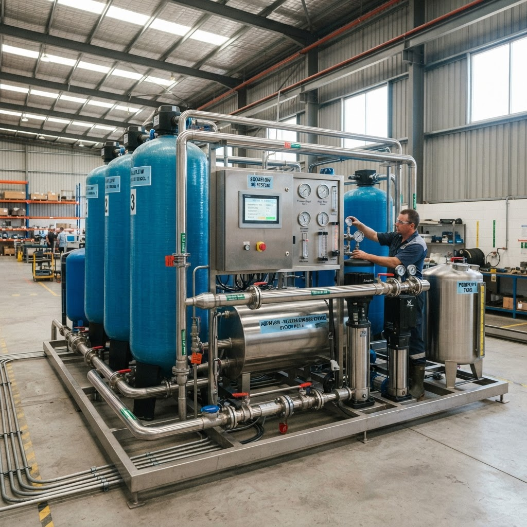 Industrial water purification plant with blue filter tanks and stainless steel piping